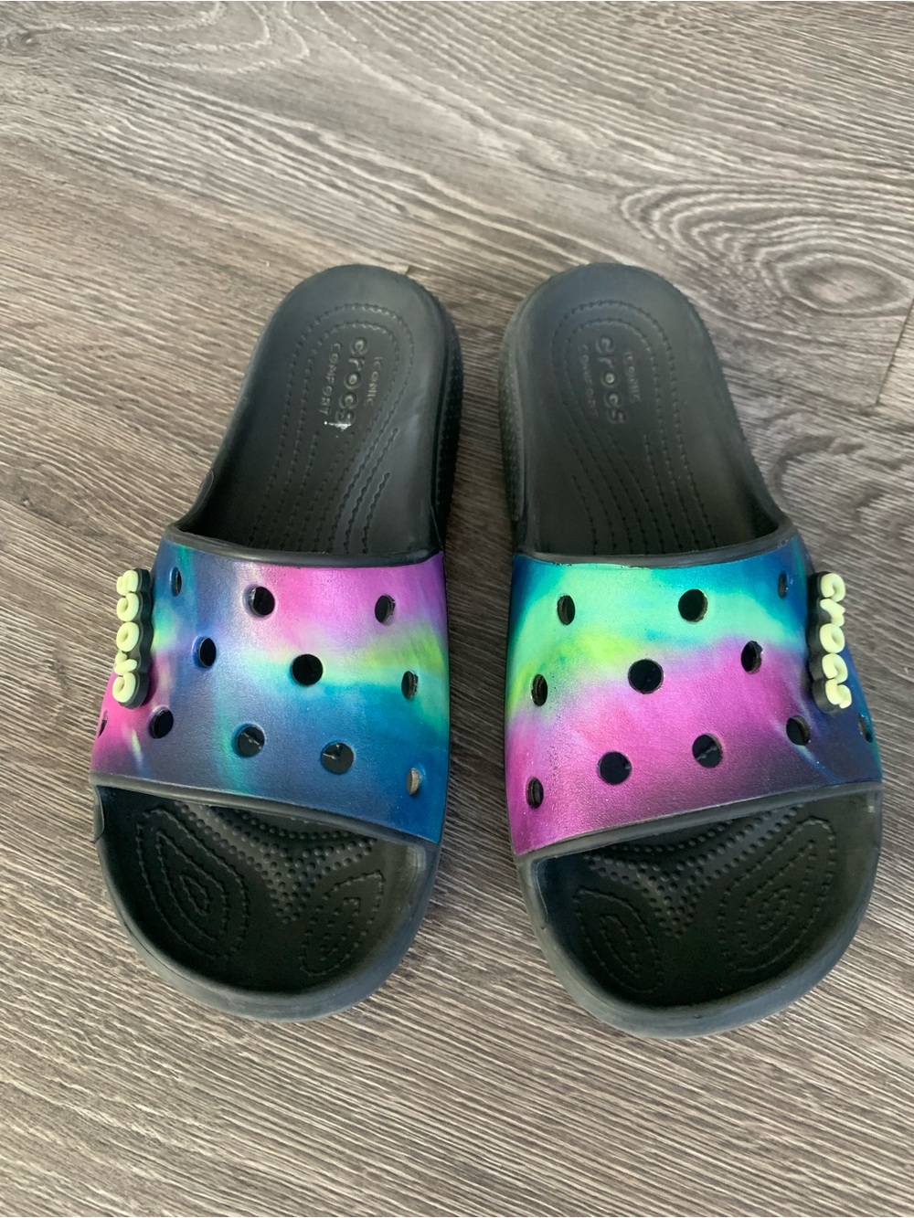 CROCS classic solarized Tie-Dye Effect Slide Sandals in Blue, Pink, Green